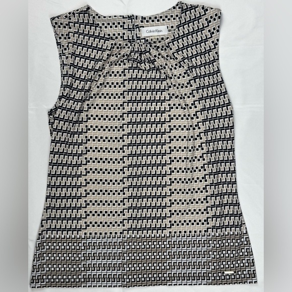 Calvin Klein Blouse Tank Top Beige, White, Black Geo Print - Size Petite Small - Picture 1 of 5
